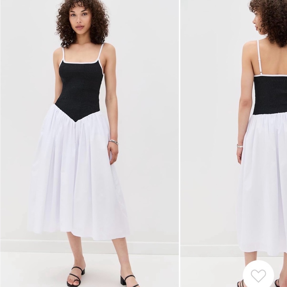 PITUSA Black Smocked Bodice Midi Dress with White Skirt, Size Petite